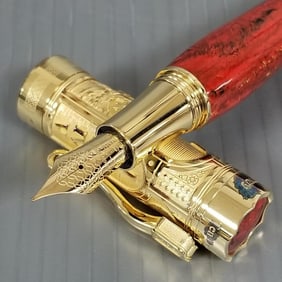 Montegrappa 10 Commandments fountain pen: gilt sterling silver, marbled red resin w/ 18k gold nib,