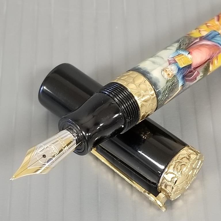 Krone Moses fountain pen: hand painted over mother of pearl & black resin w/ 18k gold nib, #202-288: Krone Moses fountain pen: hand painted over mother of pearl & black resin w/ 18k gold nib, #202-288 w/ stone box - Overall Dimensions: 7" x 7" x 3"
