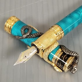 David Oscarson snake motif fountain pen: sterling silver & blue enamel w/ 18k gold nib, #4/8, No box