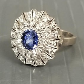 14k white gold Ceylon sapphire & diamond ring: approx 1.0 ct sapphire 5.5x6.5mm, 6.2g, sz 7, w/