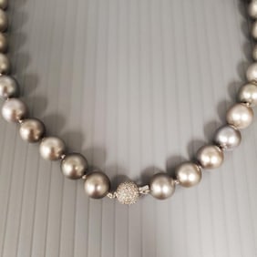 Tahitian grey pearl necklace w/ tested 14k gold diamond encrusted clasp: approx 11 to 13mm pearls,