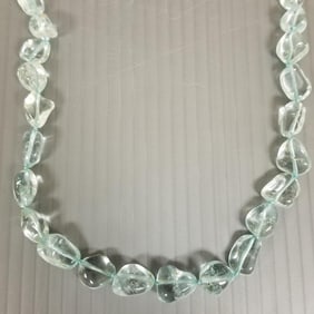 Aquamarine nugget bead necklace w/ 14k gold clasp: 78.0g total, 32"L, beads approx 7 to 16mm