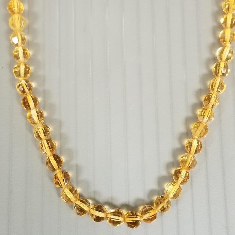 Citrine faceted round bead necklace w/ 14k gold clasp: 32.4g total, 30"L, beads approx 5 to 6mm (1 of 9)