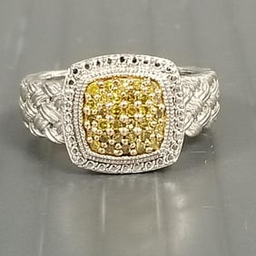 Yellow diamonds & sterling silver ring marked JS: sz. 8
