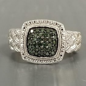 Green diamonds & sterling silver ring marked JS: sz. 8
