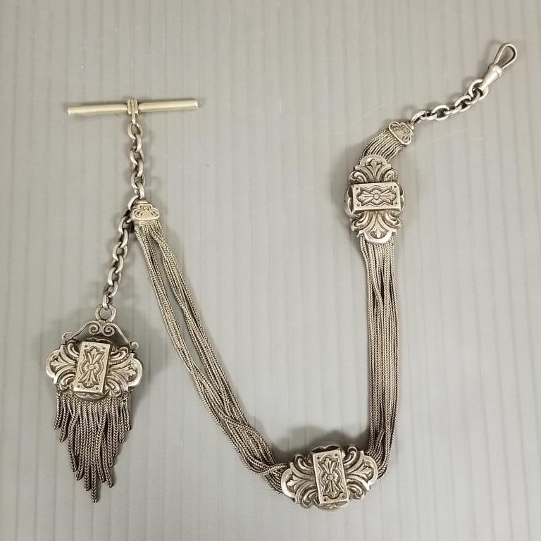 Antique hallmarked French silver chatelaine watch chain: 48.0g, 15" total length: Antique hallmarked French silver chatelaine watch chain: 48.0g, 15" total length