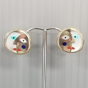 Eric Grossbardt sterling silver, 18k gold, & stone inlay earrings w/ Picasso style faces- 3/4"