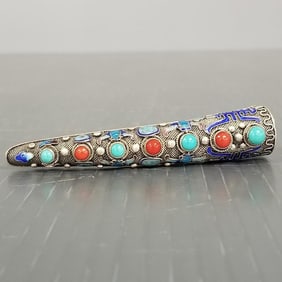 Vintage Chinese silver, enamel, coral, & turquoise fingernail guard brooch: 15.0g, 3 1/4"L