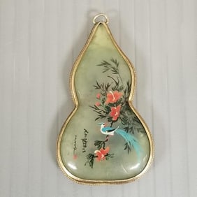 Antique Chinese reverse painted jade double-sided pendant: 1 1/4" x 2 1/2"