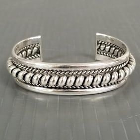 Southwest sterling silver cuff bracelet: rope cable design, 48.0g, 2 1/4" int. diam., 1 1/4" gap,