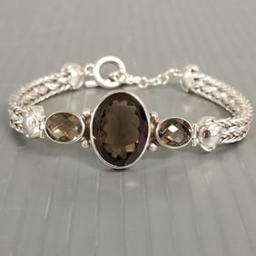 Lori Bonn sterling silver & smoky quartz bracelet: 32.0g, 8"L, 7/8" @ widest