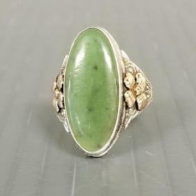 Vintage Clark & Coombs sterling silver & gold filled ring set with nephrite jade: sz. 8, 1" @ widest