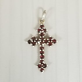 Vintage Bohemian garnet & 900 silver cross pendant: 1 1/4" total length