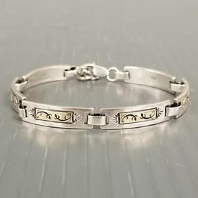 Sterling silver & 14k gold Southwest link bracelet by Rhoda Jack: 18.0g, 8"L, 1/4"W