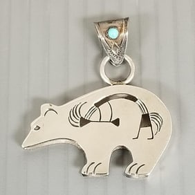 Sterling silver & turquoise signed Perry bear pendant w/ Kokopelli cutout: 11.0g, 1 3/4"L, 3/8" bail