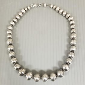 Sterling silver Southwest stamped bead necklace on chain: 48.0g, 18"L