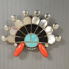 3" sterling silver w/ inlay bolo signed RNS '79: inlay includes shell, art glass, & resin- 51.0g