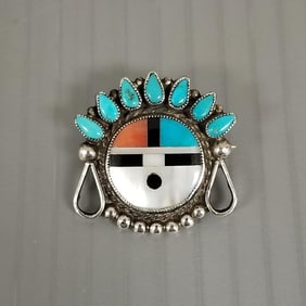 Vintage sterling silver w/ inlay pin: inlay includes turquoise, spiny oyster, etc- 7.0g, 1"