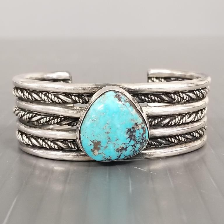 Southwest sterling silver & turquoise cuff bracelet: 76.0g, 2 1/4" int. diam., 1" gap, 3/4" W (1 of 7)