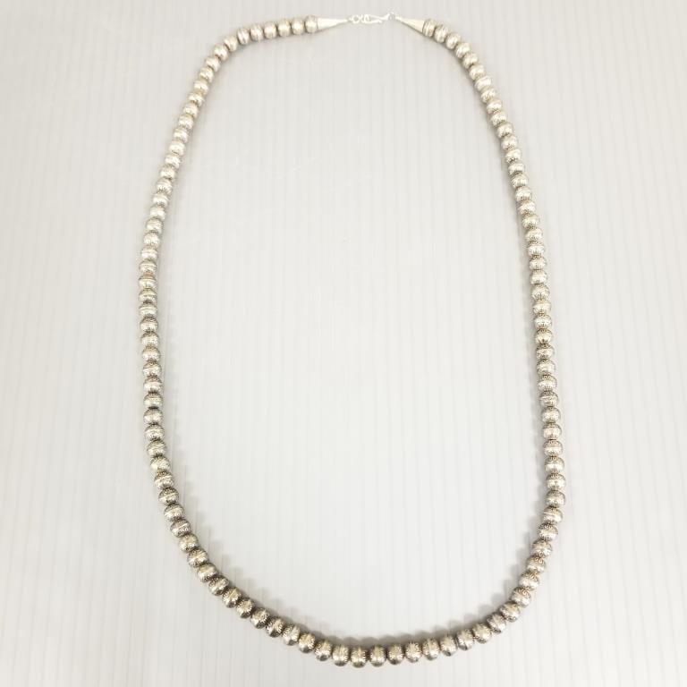 Southwest sterling silver stamped bead necklace on chain: 63.0g, 30"L, 1/4" beads (1 of 9)