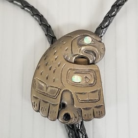 Signed Patty Fawn bronze bird bolo w/ abalone inlay: 1 3/4" bird