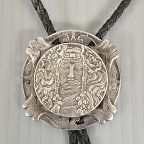 Signed GB sterling silver Mucha style bolo tie: 2" bolo- marked STERLING on bolo & tips