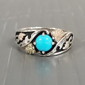 Coleman Company sterling silver & 12k black hills gold ring w/ turquoise stone: size 9