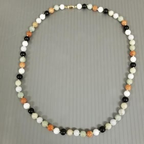 Multi-color jade bead necklace w/ 14k gold clasp - 75 grams, 26"L, 9mm beads