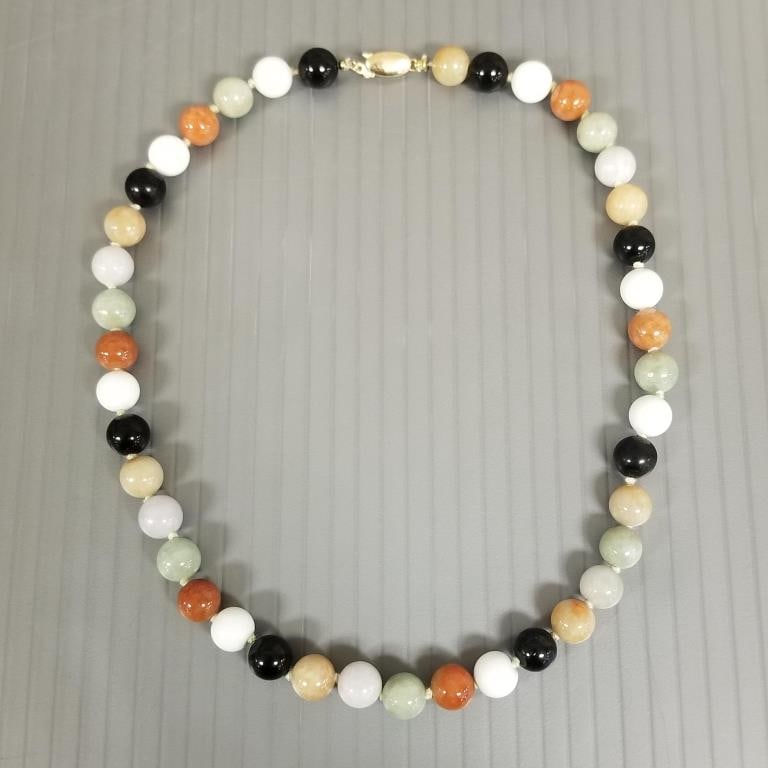Multi-color jade bead necklace w/ 14k gold clasp - 49 grams, 16 1/2"L, 9mm beads (1 of 7)