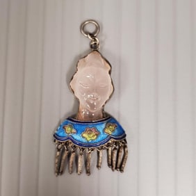 Vintage Chinese silver pendant w/ carved rose quartz & enamel - 1 7/8" total length