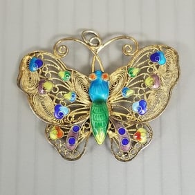 Vintage Chinese gilt silver butterfly pendant w/ enamel - 2"