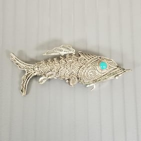 Vintage Chinese silver filigree articulated fish vinaigrette pendant - 2"