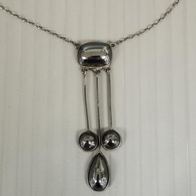 Antique silver & hematite cabochon lavalier necklace - 2 1/8" pendant, 17" chain