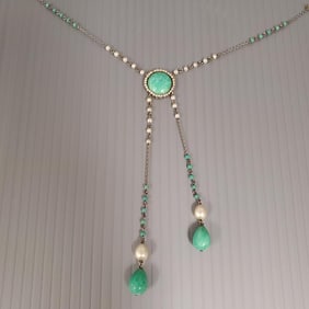 Antique Peking glass, silver tone metal, & faux pearl lavalier necklace - 5" drop, 20" chain