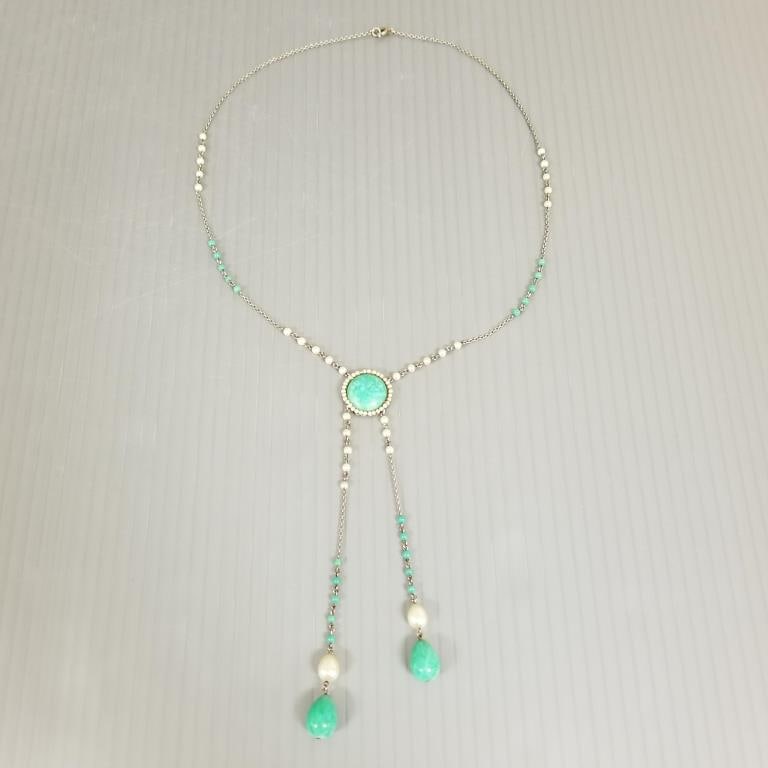 Antique Peking glass, silver tone metal, & faux pearl lavalier necklace - 5" drop, 20" chain: Antique Peking glass, silver tone metal, & faux pearl lavalier necklace - 5" drop, 20" chain