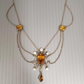 Antique gold filled festoon necklace w/ citrine colored glass & pearls marked F&B - 2" pendant, 15"L