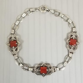 Vintage silver & carnelian Art Deco bracelet - 7 1/2"L, 1/2" @ widest