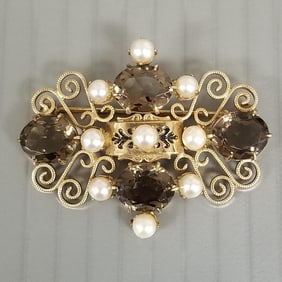 Vintage Winard gold filled brooch w/ smoky quartz & pearls - 1 3/4"