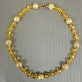 Vintage uranium glass & gold filled bead necklace on chain - 15"L