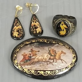 3 pcs. Russian lacquer jewelry: signed brooch 2 3/8", ring sz 7 1/2,  pair earrings 1 1/2" total