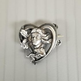 Antique sterling silver Art Nouveau maiden's face lady's watch holder brooch - 7/8"
