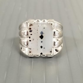 Vintage Uncas sterling silver men's ring set w/ moss agate - 3/4" @ widest, size 10 1/2