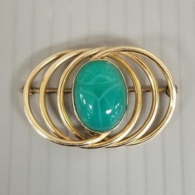 Vintage carved chrysoprase scarab brooch by Symmetalic set in sterling silver & gold fill - 1 3/4"