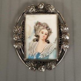 Vintage sterling silver hand painted portrait brooch w/ beveled glass - 1 1/2"