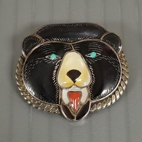 Paul Peyketewa Zuni sterling silver bear face w/ inlay stone pendant/brooch -1 1/4"