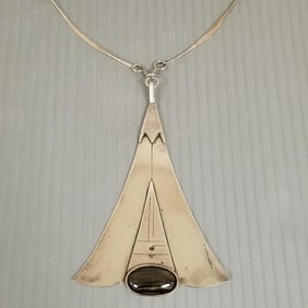 Handmade sterling silver teepee pendant necklace set w/ cat's eye stone - engraved on back, 4"