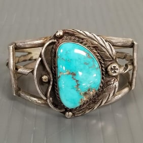 Southwest turquoise & sterling silver cuff bracelet signed CA - 52 grams, 1 1/2" @ widest, 2 1/8"