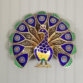 Vintage sterling silver & enamel peacock pin - 1 1/2"