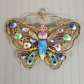 2" Chinese silver & enamel butterfly pendant/ brooch