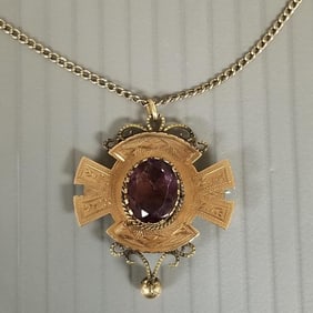 Antique Victorian gold filled & amethyst paste stone pendant/necklace - 1 1/2" pendant total length,
